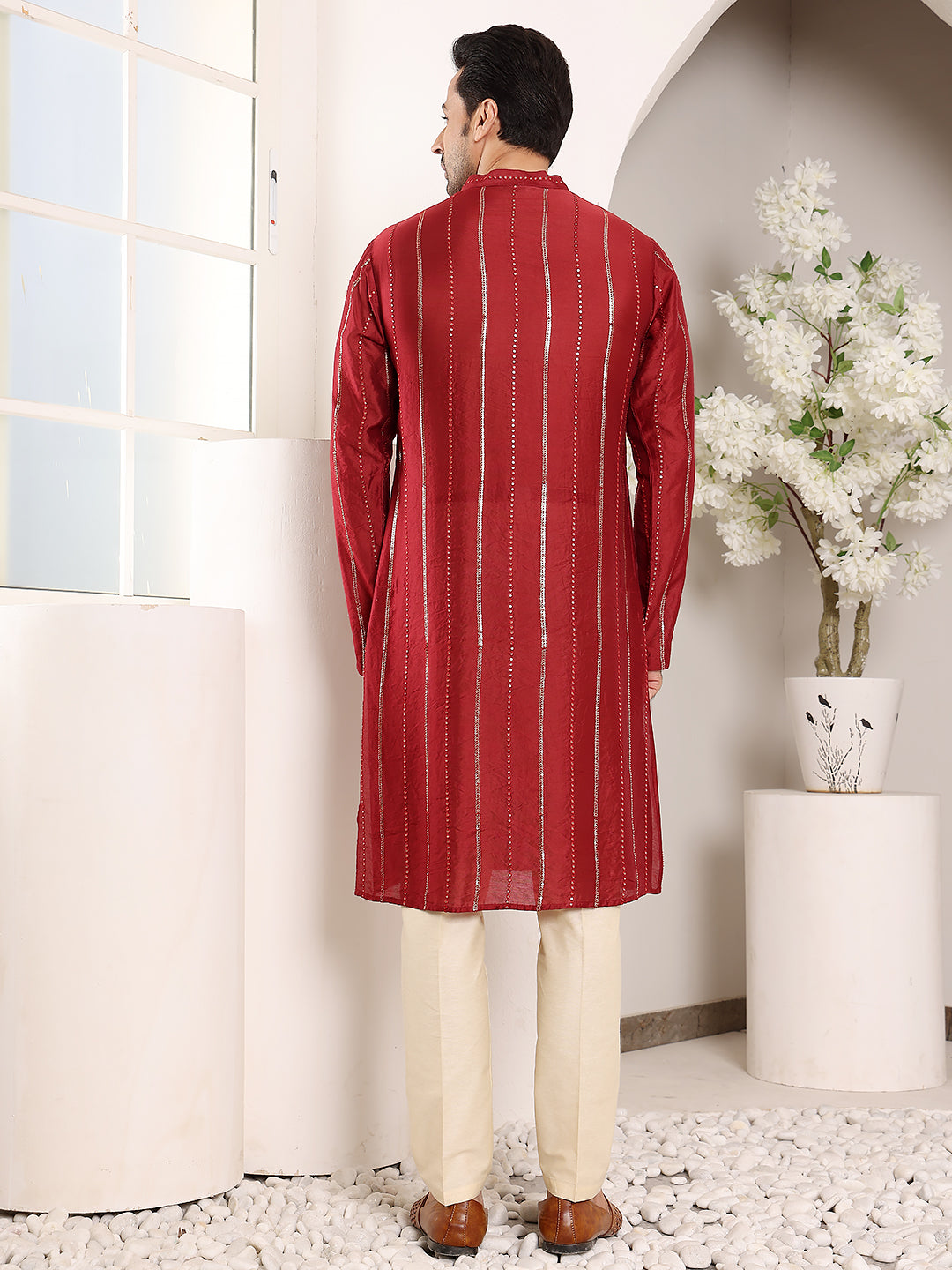 MULTI SHADES Men's Redstraight Viscose Silk Kurta With Embroidered Neckline And Motifs,Cream Solid Trouser Style Churidar | Grocsy