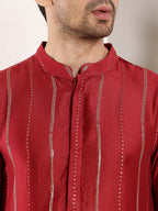 MULTI SHADES Men's Redstraight Viscose Silk Kurta With Embroidered Neckline And Motifs,Cream Solid Trouser Style Churidar | Grocsy