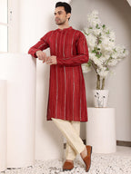 MULTI SHADES Men's Redstraight Viscose Silk Kurta With Embroidered Neckline And Motifs,Cream Solid Trouser Style Churidar | Grocsy