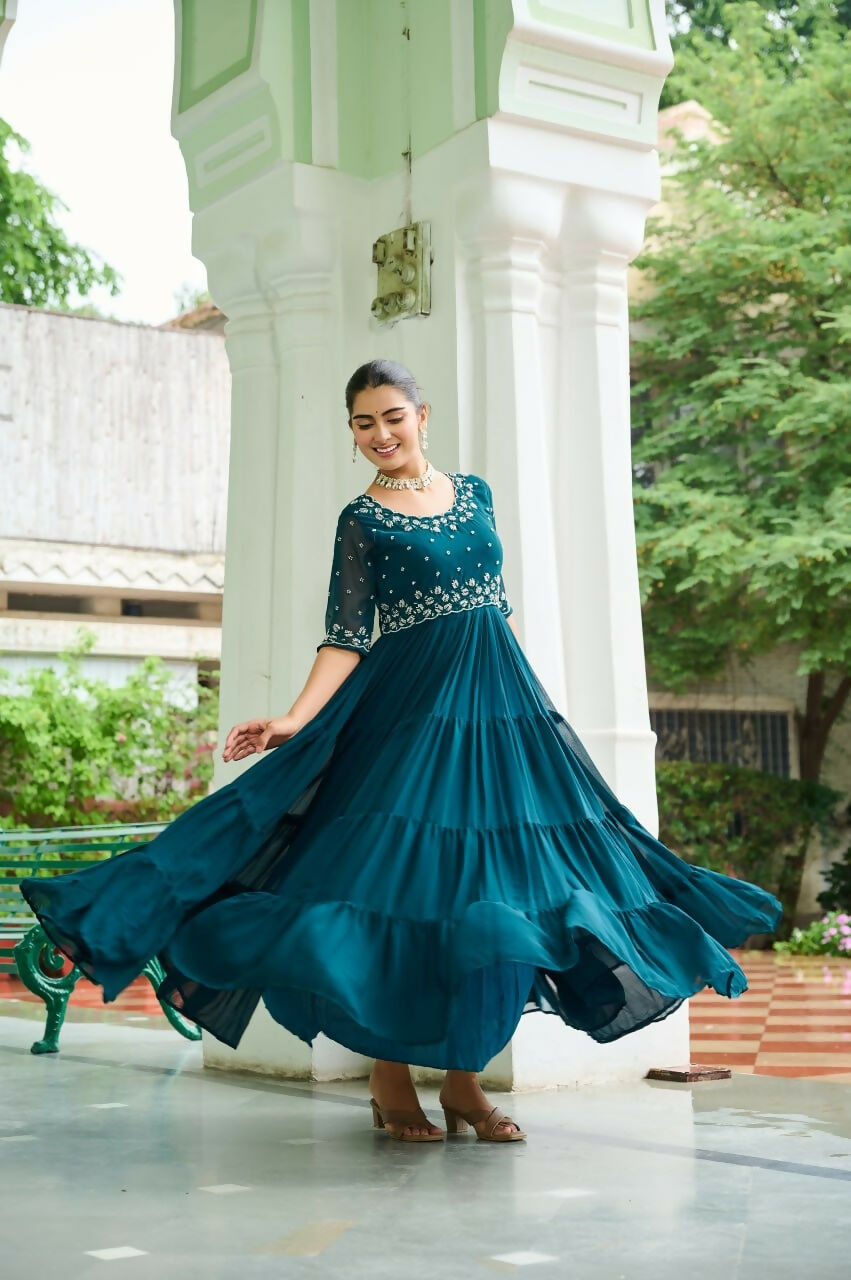 Teeya Creation Rama Color Faux Georgette Hand Embroidery Work Party Wear Gown | Grocsy