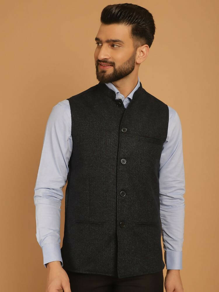Even Apparels Pure Wool Nehru Jacket - Blue | Grocsy