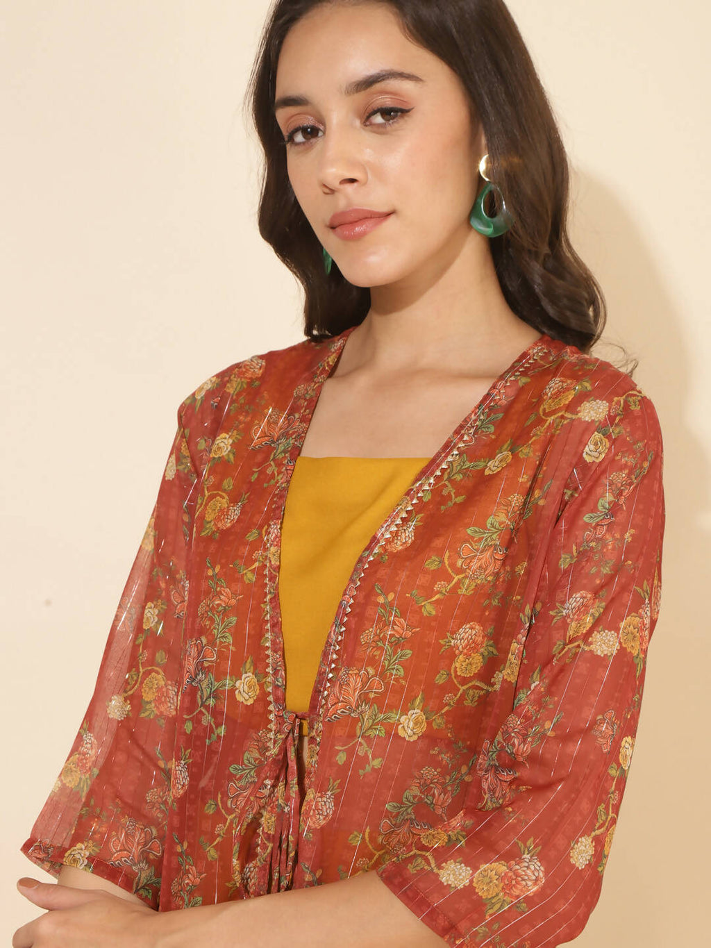 Janasya Women's Mustard Moss Solid Festive Crop Top Set | Grocsy