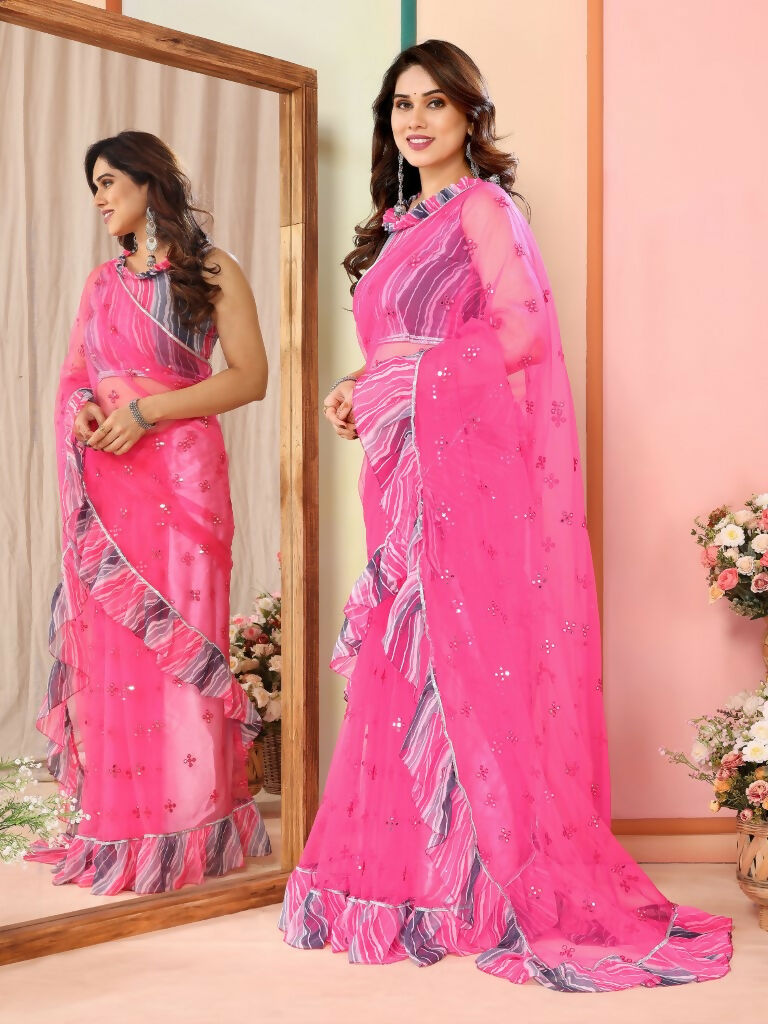 Partywear Designer Pink Net Fancy Saree - Dyuti | Grocsy