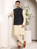 MULTI SHADES Men's Full Sleeve Cream Kurta Pyjama & Black Embroidered Nehru Jacket | Grocsy