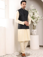 MULTI SHADES Men's Full Sleeve Cream Kurta Pyjama & Black Embroidered Nehru Jacket | Grocsy