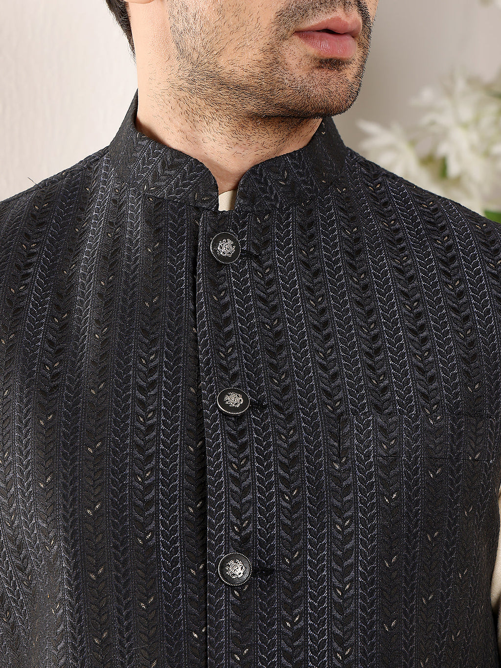 MULTI SHADES Men's Full Sleeve Cream Kurta Pyjama & Black Embroidered Nehru Jacket | Grocsy