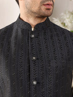 MULTI SHADES Men's Full Sleeve Cream Kurta Pyjama & Black Embroidered Nehru Jacket | Grocsy