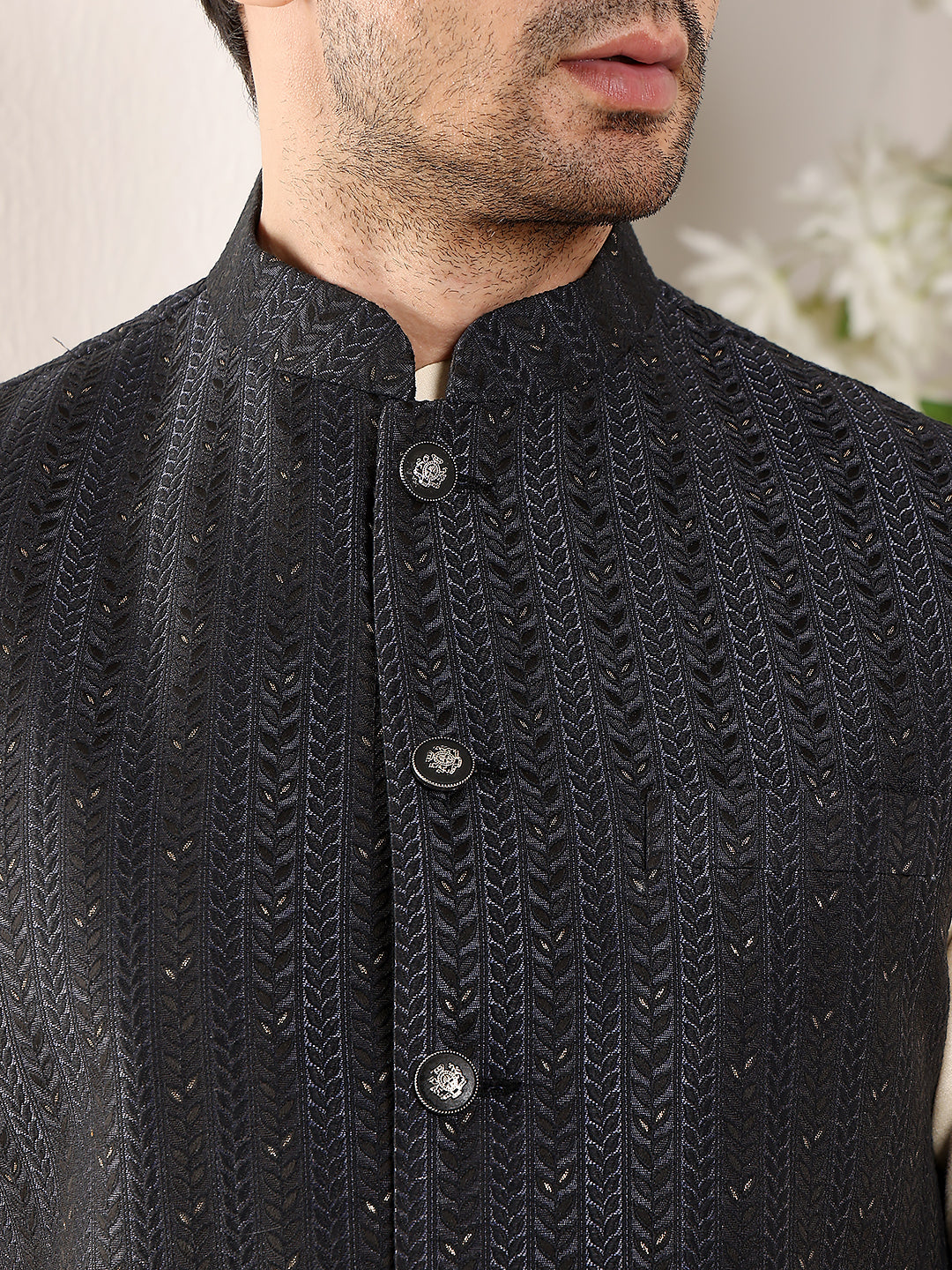 MULTI SHADES Men's Full Sleeve Cream Kurta Pyjama & Black Embroidered Nehru Jacket | Grocsy