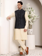 MULTI SHADES Men's Full Sleeve Cream Kurta Pyjama & Black Embroidered Nehru Jacket | Grocsy