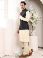 MULTI SHADES Men's Full Sleeve Cream Kurta Pyjama & Black Embroidered Nehru Jacket | Grocsy