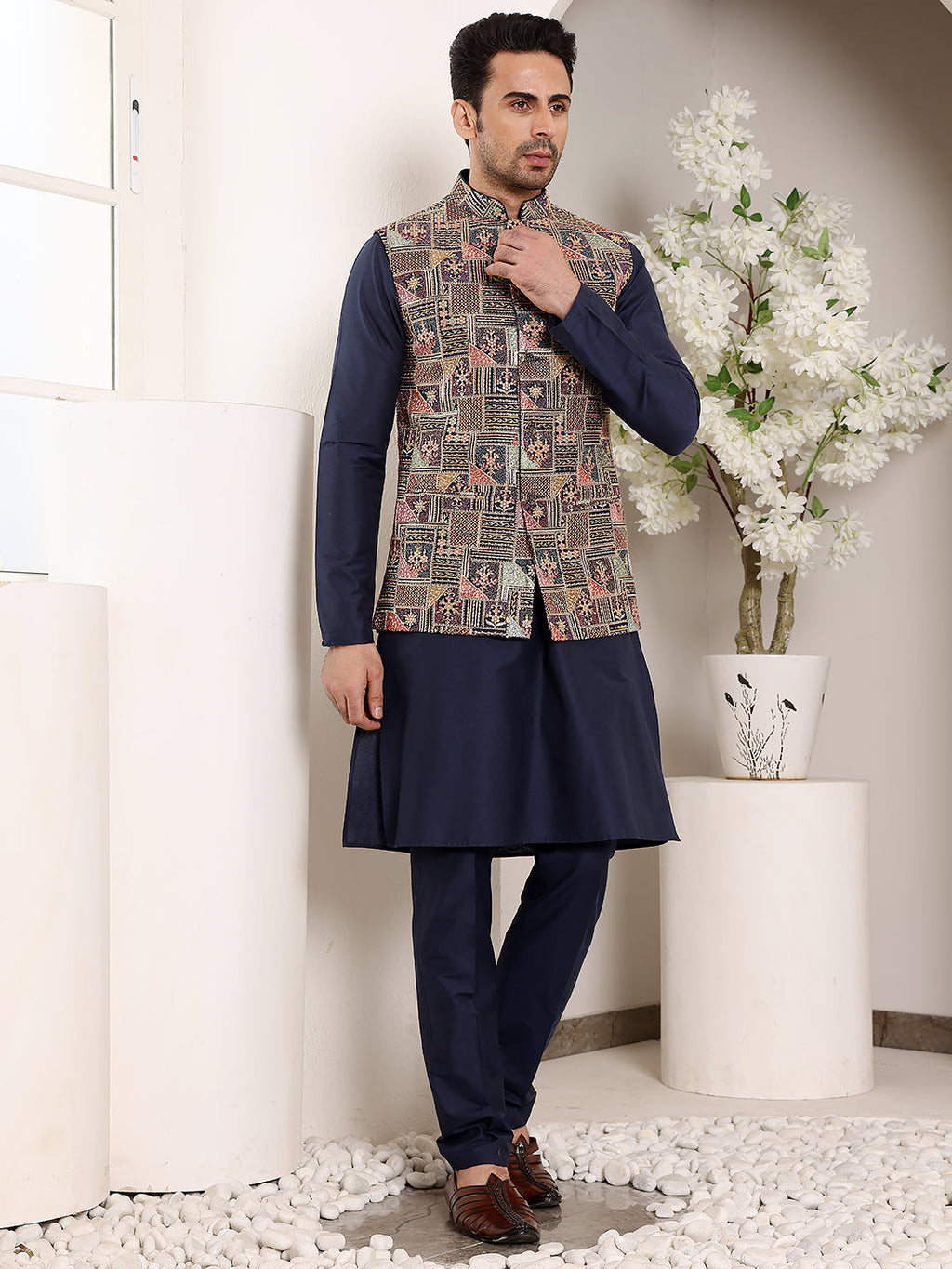 MULTI SHADES Men's Full Sleeve Blue Kurta Pyjama & Multi Colour Embroidered Nehru Jacket | Grocsy