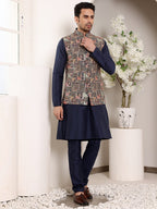 MULTI SHADES Men's Full Sleeve Blue Kurta Pyjama & Multi Colour Embroidered Nehru Jacket | Grocsy