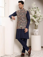 MULTI SHADES Men's Full Sleeve Blue Kurta Pyjama & Multi Colour Embroidered Nehru Jacket | Grocsy