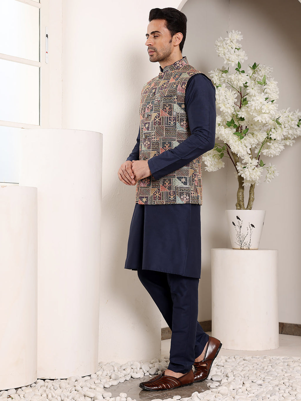 MULTI SHADES Men's Full Sleeve Blue Kurta Pyjama & Multi Colour Embroidered Nehru Jacket | Grocsy
