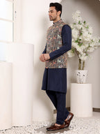 MULTI SHADES Men's Full Sleeve Blue Kurta Pyjama & Multi Colour Embroidered Nehru Jacket | Grocsy