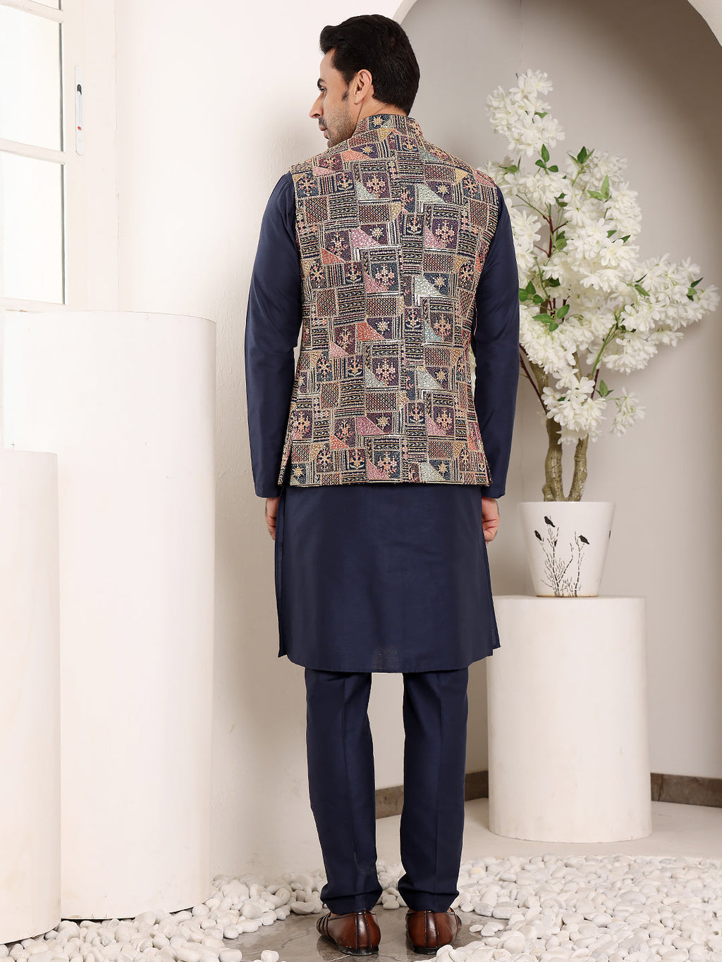 MULTI SHADES Men's Full Sleeve Blue Kurta Pyjama & Multi Colour Embroidered Nehru Jacket | Grocsy