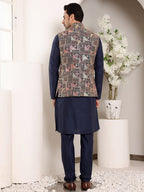 MULTI SHADES Men's Full Sleeve Blue Kurta Pyjama & Multi Colour Embroidered Nehru Jacket | Grocsy