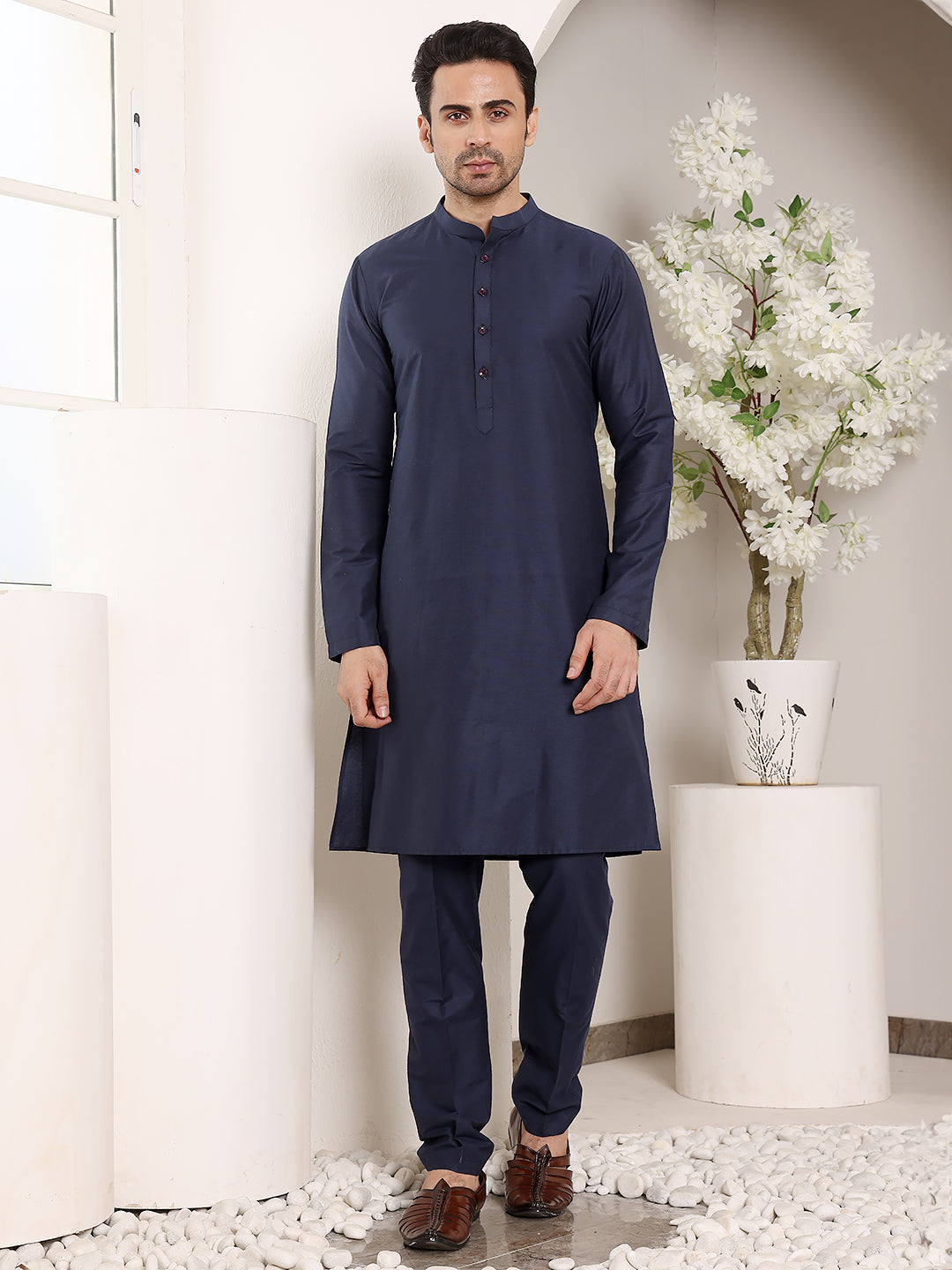 MULTI SHADES Men's Full Sleeve Blue Kurta Pyjama & Multi Colour Embroidered Nehru Jacket | Grocsy