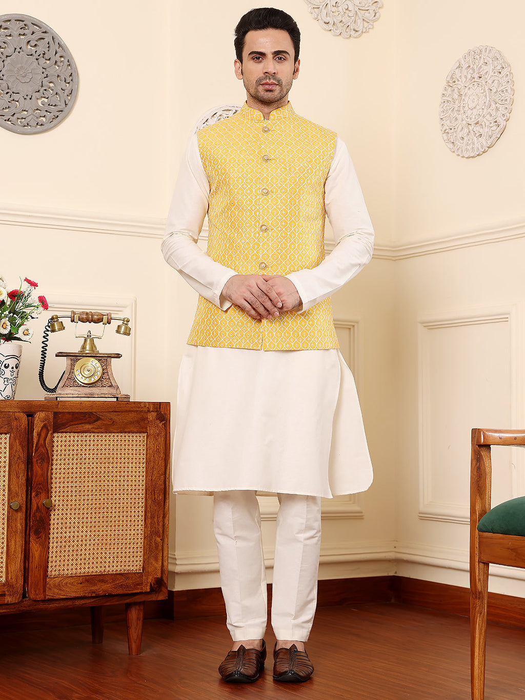 MULTI SHADES Men's Full Sleeve Ivory Kurta Pyjama & Yellow Embroidered Nehru Jacket | Grocsy