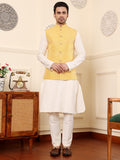MULTI SHADES Men's Full Sleeve Ivory Kurta Pyjama & Yellow Embroidered Nehru Jacket | Grocsy