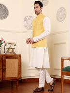 MULTI SHADES Men's Full Sleeve Ivory Kurta Pyjama & Yellow Embroidered Nehru Jacket | Grocsy