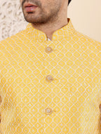 MULTI SHADES Men's Full Sleeve Ivory Kurta Pyjama & Yellow Embroidered Nehru Jacket | Grocsy