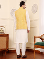 MULTI SHADES Men's Full Sleeve Ivory Kurta Pyjama & Yellow Embroidered Nehru Jacket | Grocsy