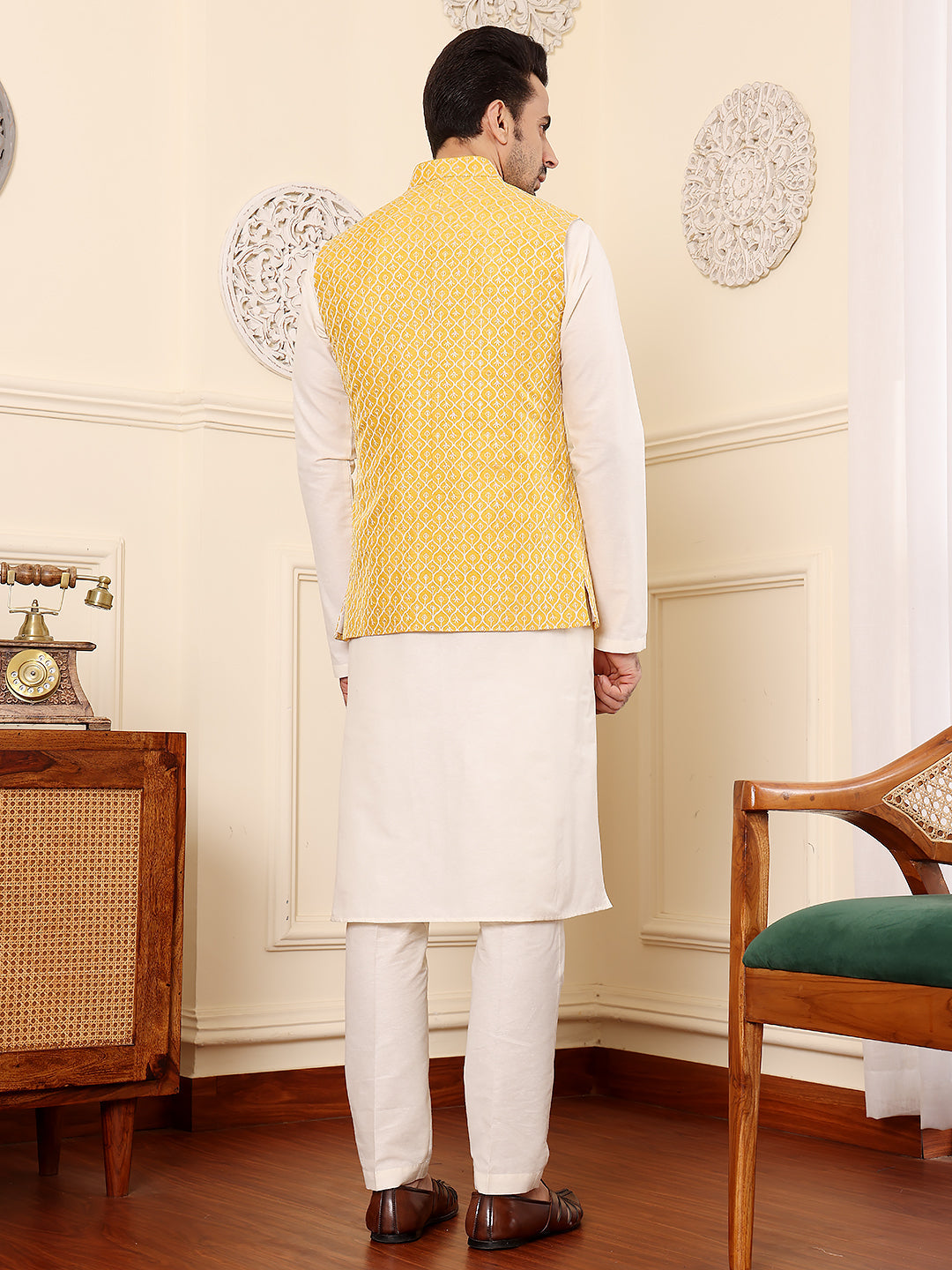 MULTI SHADES Men's Full Sleeve Ivory Kurta Pyjama & Yellow Embroidered Nehru Jacket | Grocsy