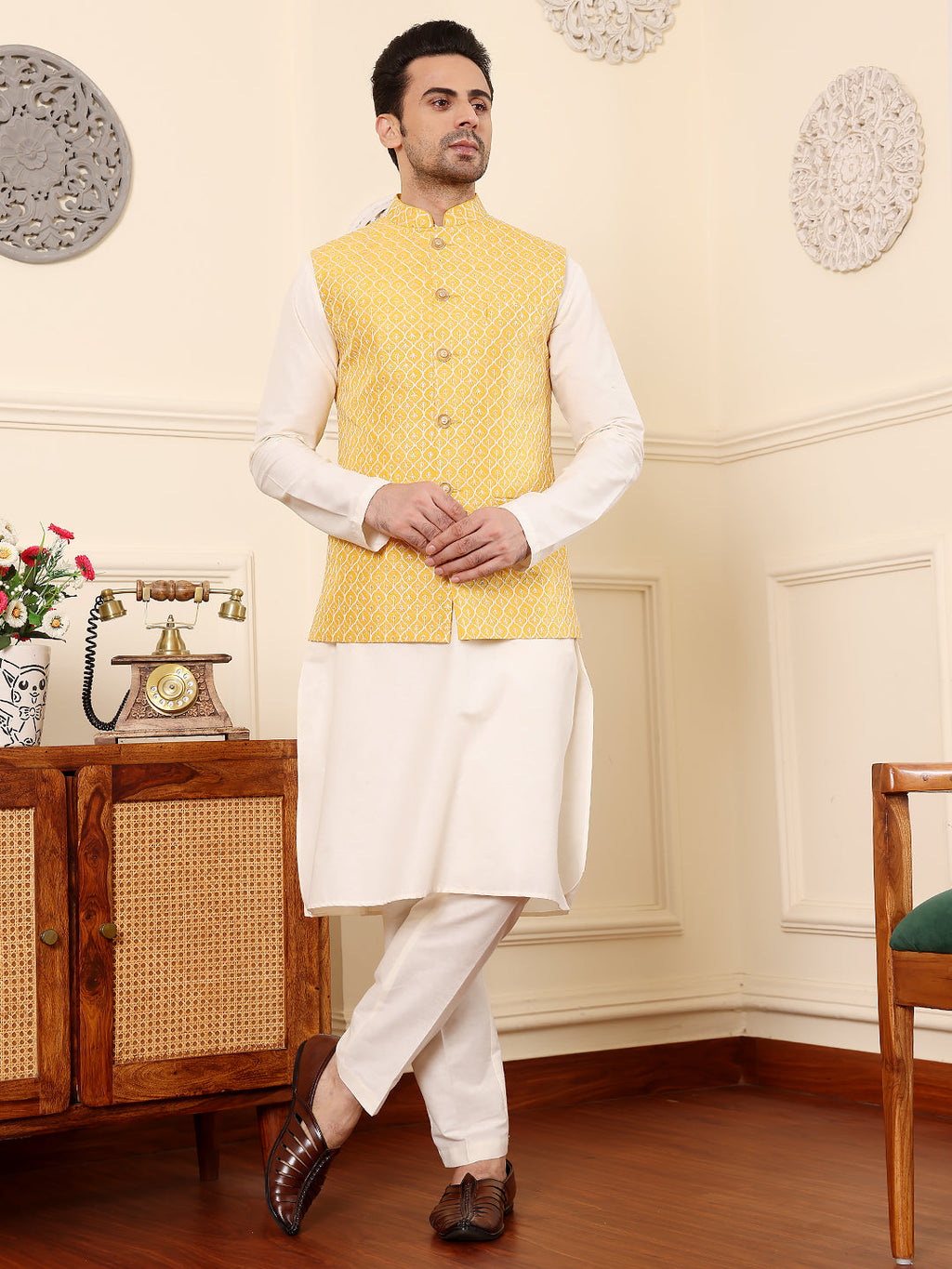 MULTI SHADES Men's Full Sleeve Ivory Kurta Pyjama & Yellow Embroidered Nehru Jacket | Grocsy