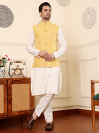 MULTI SHADES Men's Full Sleeve Ivory Kurta Pyjama & Yellow Embroidered Nehru Jacket | Grocsy