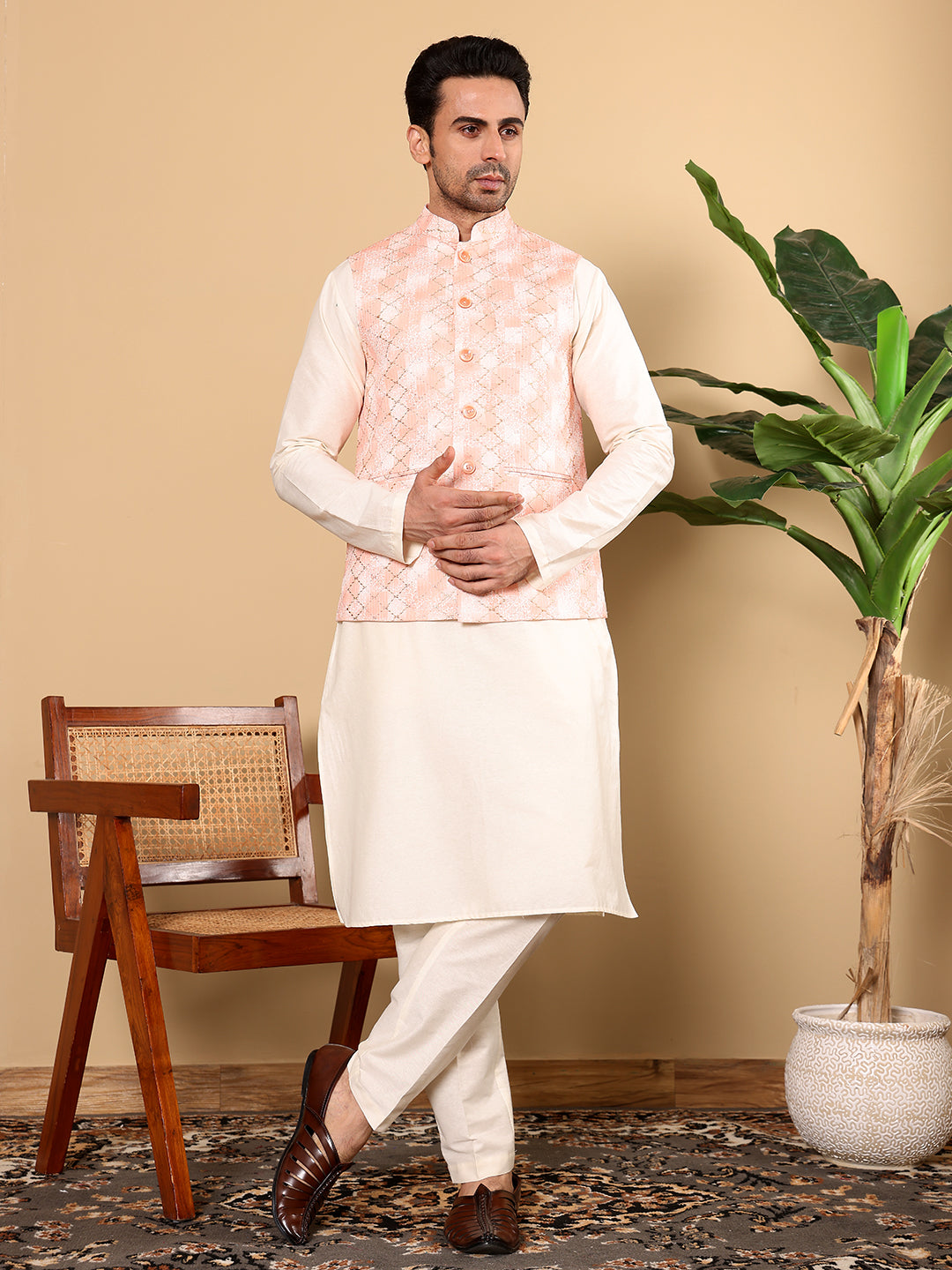 MULTI SHADES Men's Full Sleeve Ivory Kurta Pyjama & Peach Embroidered Nehru Jacket | Grocsy