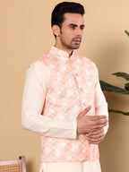 MULTI SHADES Men's Full Sleeve Ivory Kurta Pyjama & Peach Embroidered Nehru Jacket | Grocsy