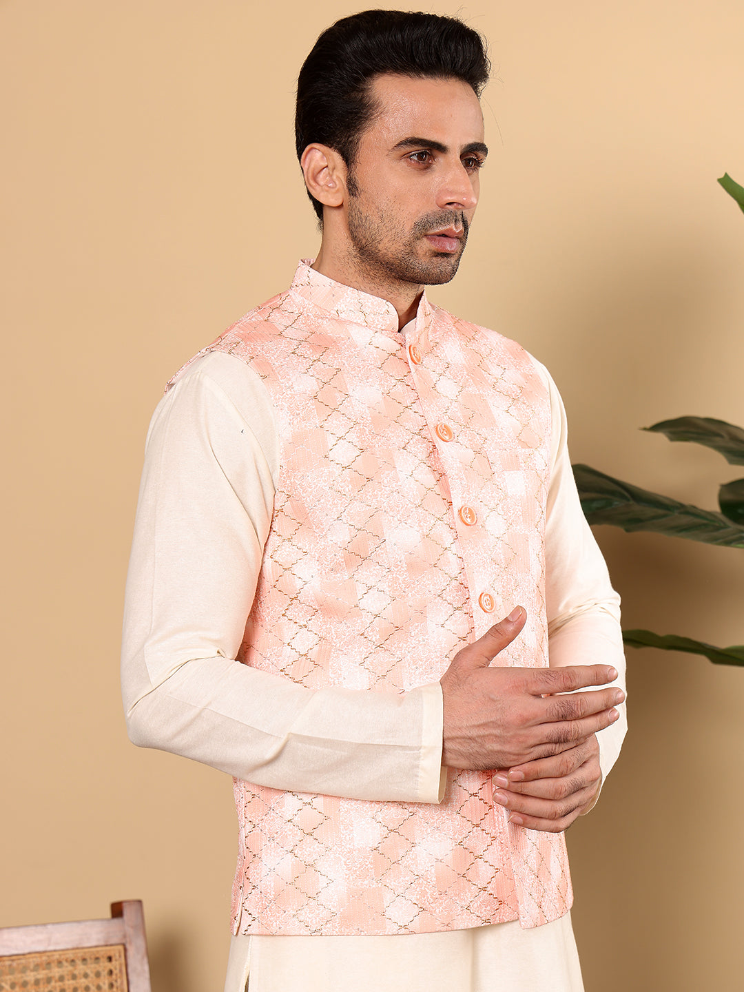 MULTI SHADES Men's Full Sleeve Ivory Kurta Pyjama & Peach Embroidered Nehru Jacket | Grocsy