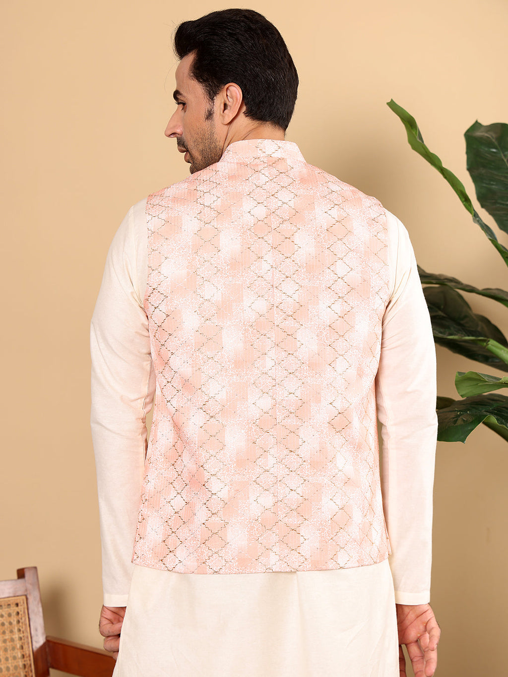 MULTI SHADES Men's Full Sleeve Ivory Kurta Pyjama & Peach Embroidered Nehru Jacket | Grocsy