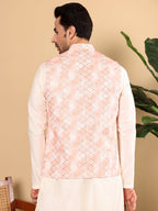 MULTI SHADES Men's Full Sleeve Ivory Kurta Pyjama & Peach Embroidered Nehru Jacket | Grocsy