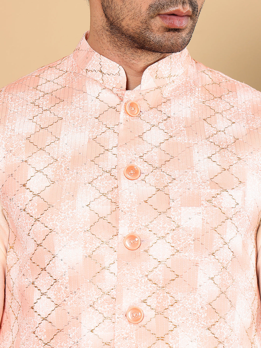 MULTI SHADES Men's Full Sleeve Ivory Kurta Pyjama & Peach Embroidered Nehru Jacket | Grocsy