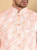 MULTI SHADES Men's Full Sleeve Ivory Kurta Pyjama & Peach Embroidered Nehru Jacket | Grocsy
