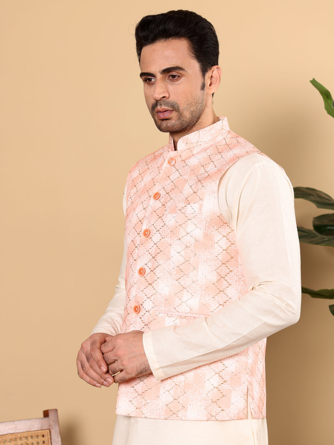 MULTI SHADES Men's Full Sleeve Ivory Kurta Pyjama & Peach Embroidered Nehru Jacket | Grocsy
