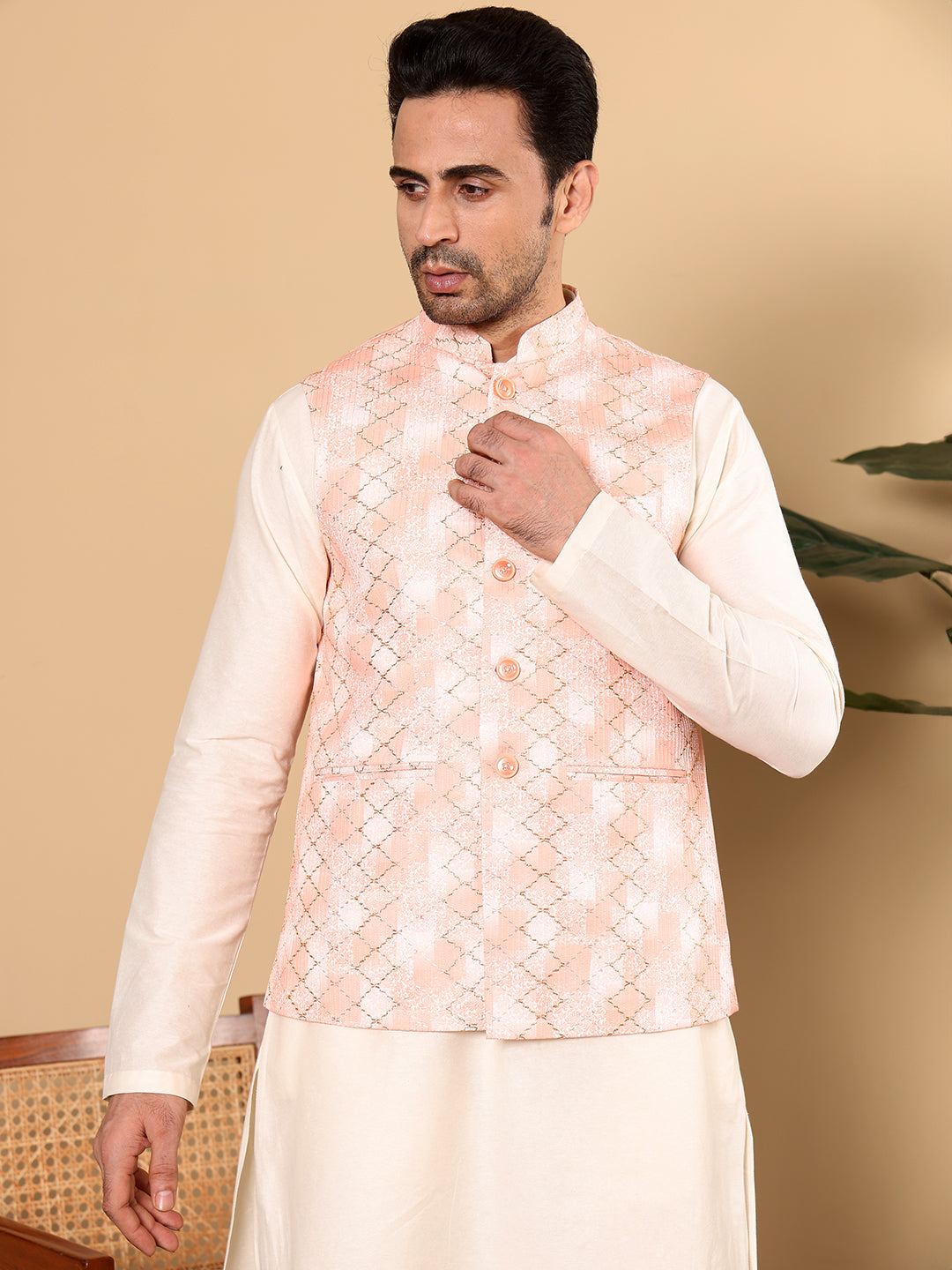 MULTI SHADES Men's Full Sleeve Ivory Kurta Pyjama & Peach Embroidered Nehru Jacket | Grocsy