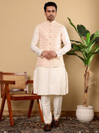 MULTI SHADES Men's Full Sleeve Ivory Kurta Pyjama & Peach Embroidered Nehru Jacket | Grocsy