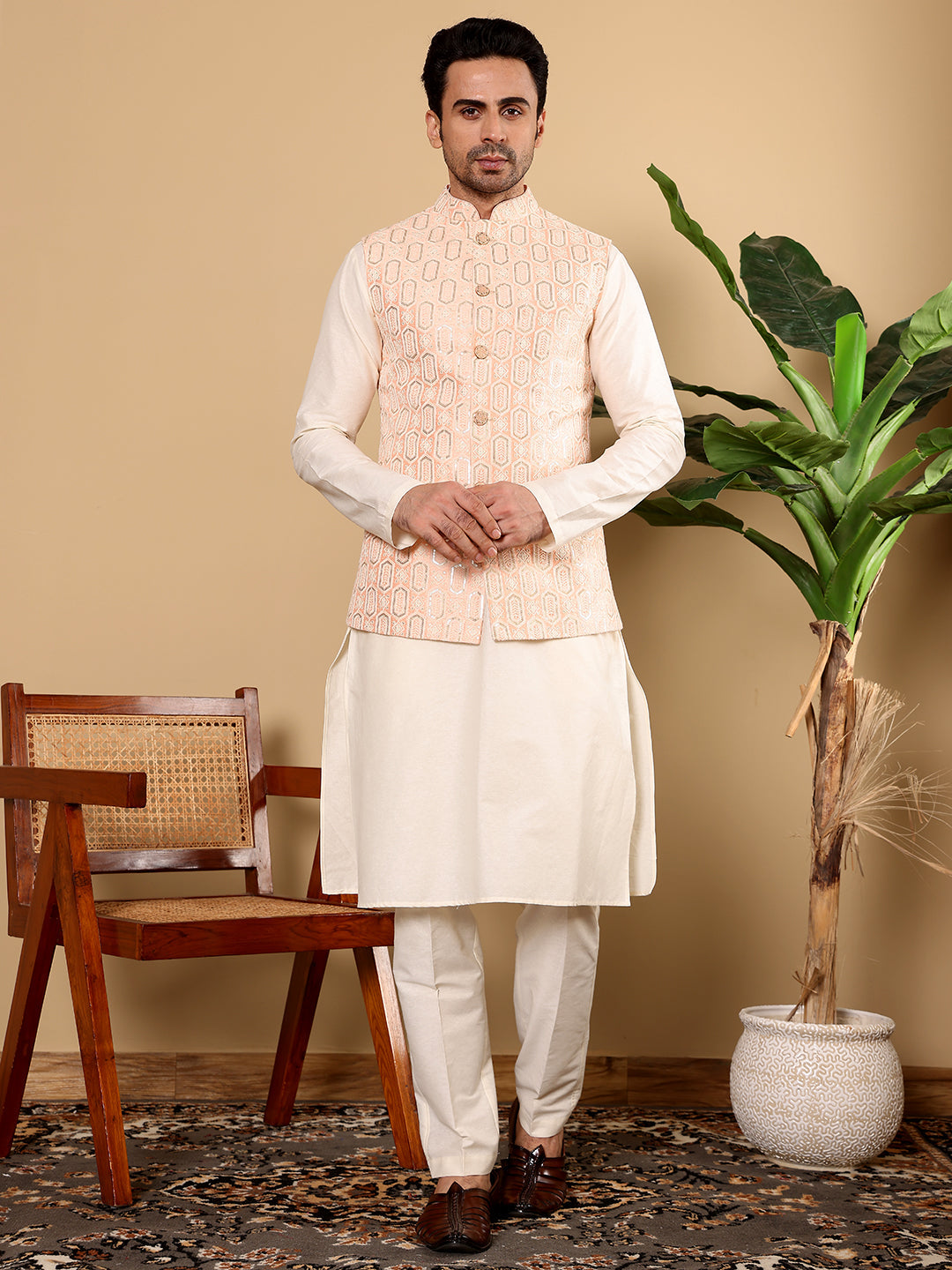 MULTI SHADES Men's Full Sleeve Ivory Kurta Pyjama & Peach Embroidered Nehru Jacket | Grocsy