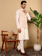 MULTI SHADES Men's Full Sleeve Ivory Kurta Pyjama & Peach Embroidered Nehru Jacket | Grocsy