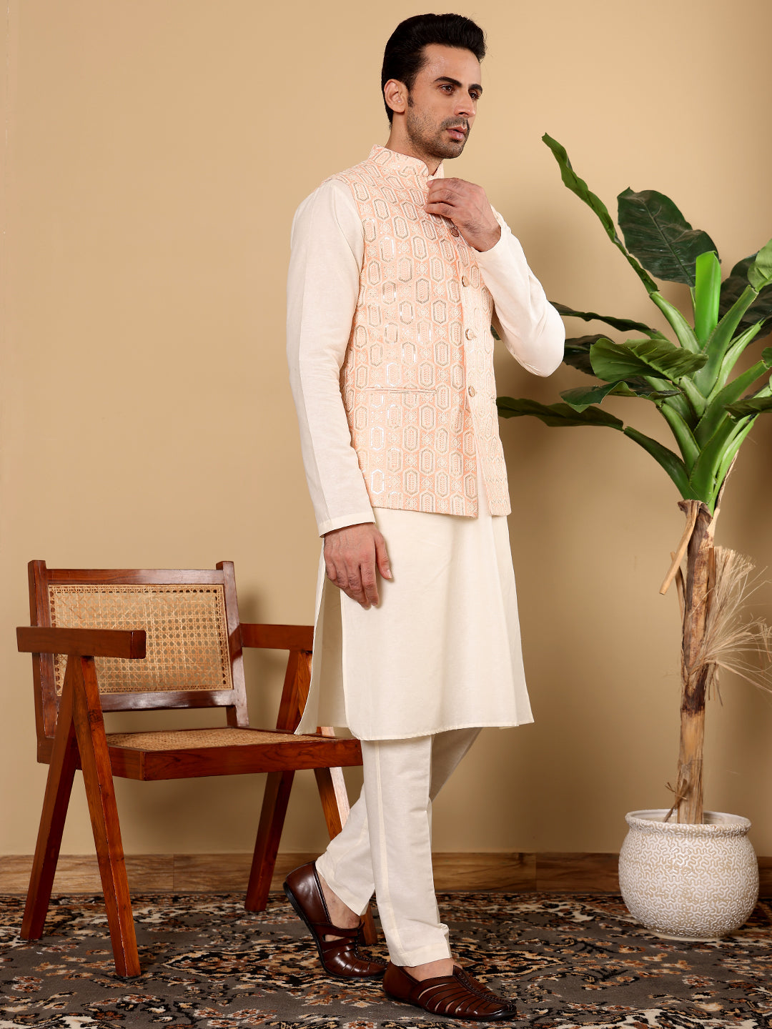 MULTI SHADES Men's Full Sleeve Ivory Kurta Pyjama & Peach Embroidered Nehru Jacket | Grocsy