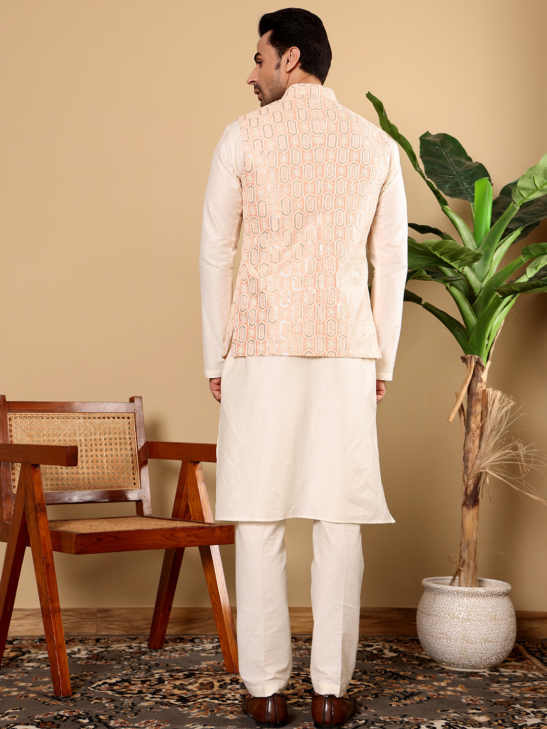 MULTI SHADES Men's Full Sleeve Ivory Kurta Pyjama & Peach Embroidered Nehru Jacket | Grocsy