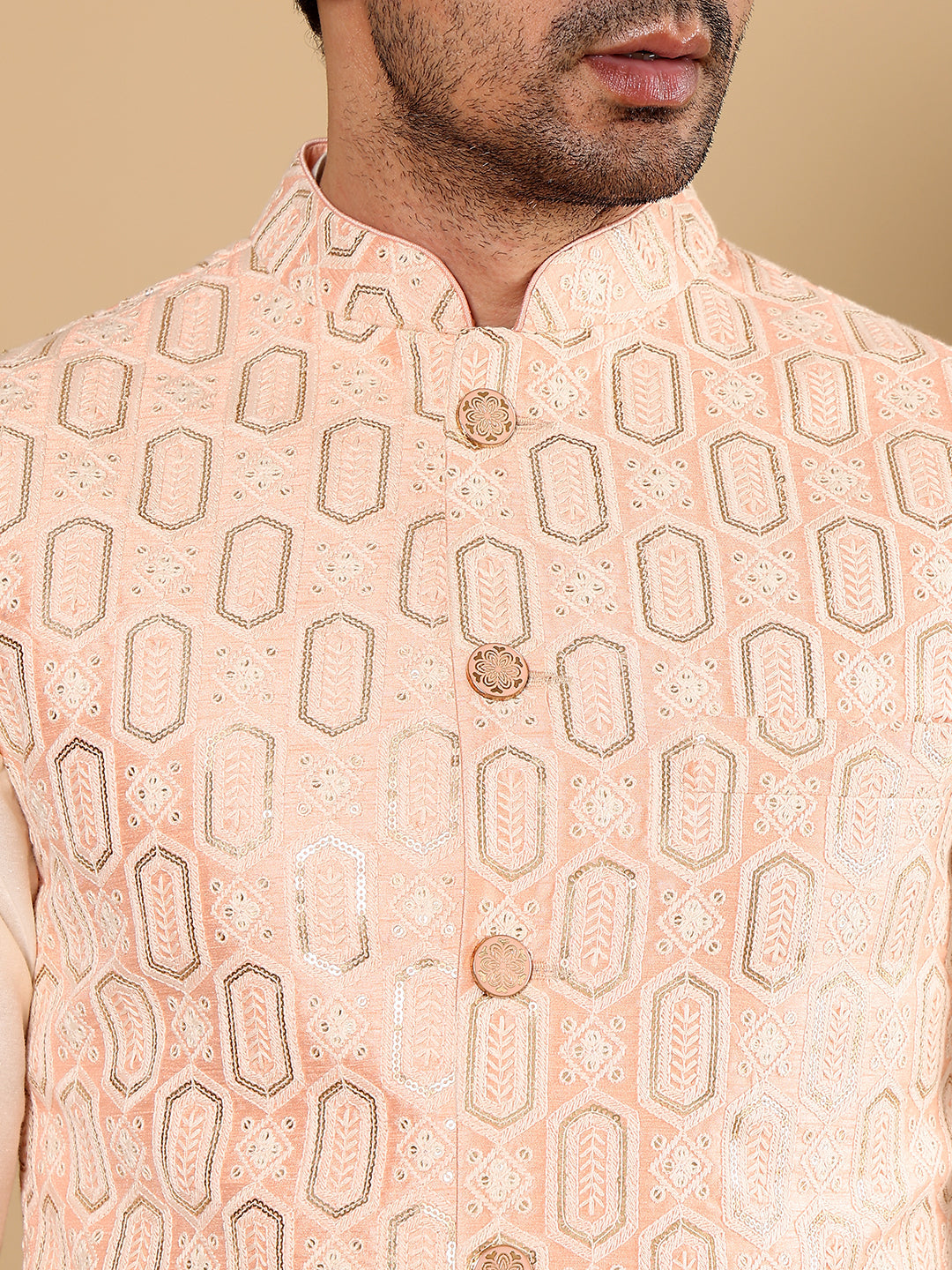 MULTI SHADES Men's Full Sleeve Ivory Kurta Pyjama & Peach Embroidered Nehru Jacket | Grocsy