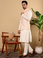 MULTI SHADES Men's Full Sleeve Ivory Kurta Pyjama & Peach Embroidered Nehru Jacket | Grocsy