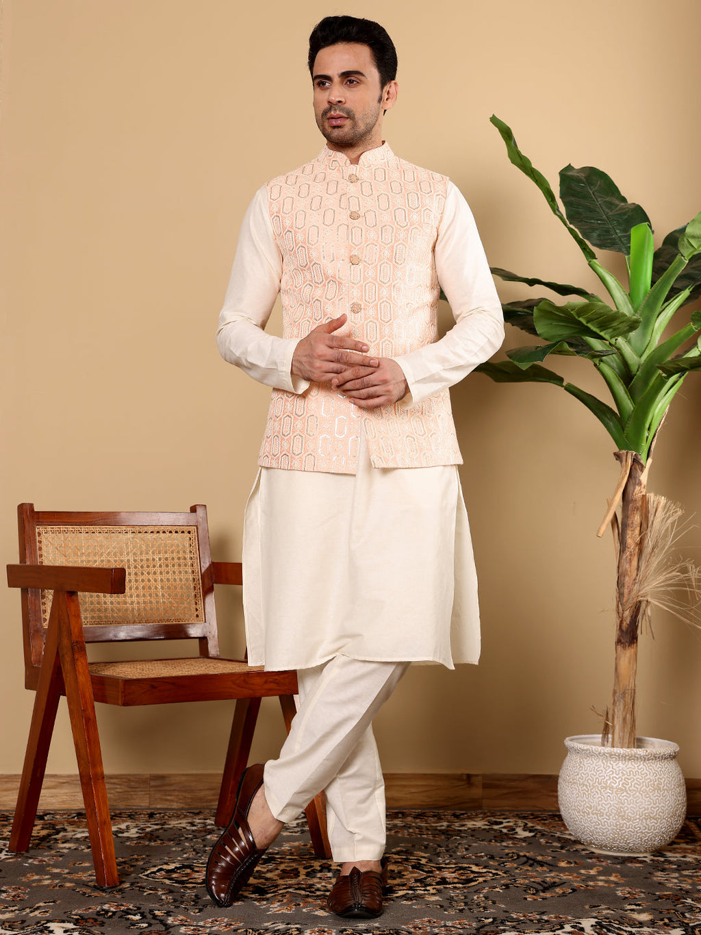 MULTI SHADES Men's Full Sleeve Ivory Kurta Pyjama & Peach Embroidered Nehru Jacket | Grocsy