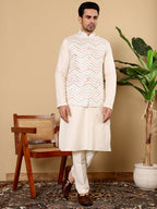 MULTI SHADES Men's Full Sleeve Ivory Kurta Pyjama & White Embroidered Nehru Jacket | Grocsy