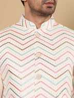 MULTI SHADES Men's Full Sleeve Ivory Kurta Pyjama & White Embroidered Nehru Jacket | Grocsy