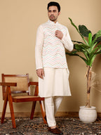 MULTI SHADES Men's Full Sleeve Ivory Kurta Pyjama & White Embroidered Nehru Jacket | Grocsy